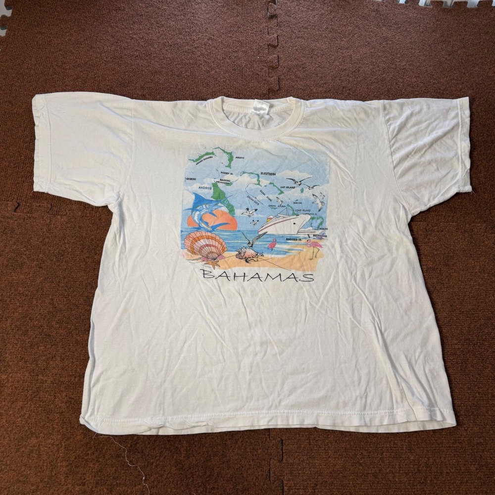 Vintage Bahamas Souvenir T Shirt White Cotton Graphic Map Cruise 90s XL